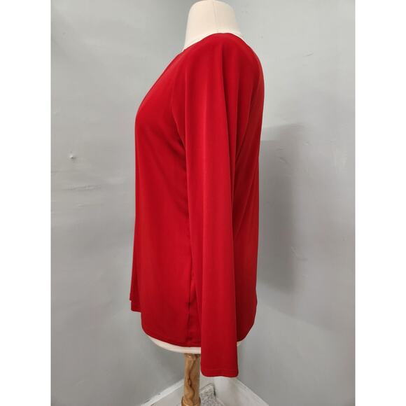 LIZ CLAIBORNE Red Liquid Knit Top Jeweled Keyhole Neckline Size XL OX - Picture 3 of 11